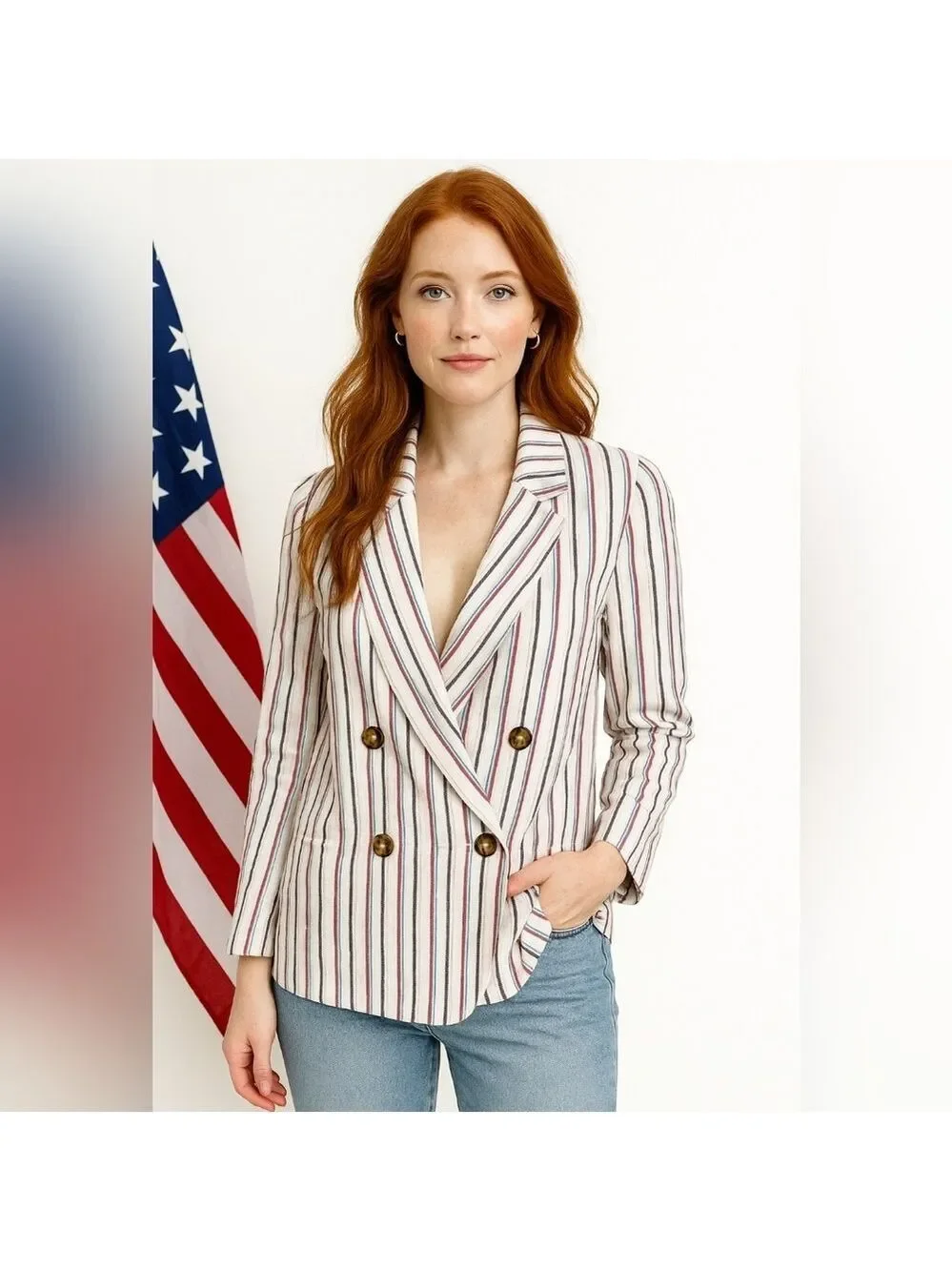 Dolan Left Coast Collection Antropologie Blazer Striped Linen Double-breasted XL